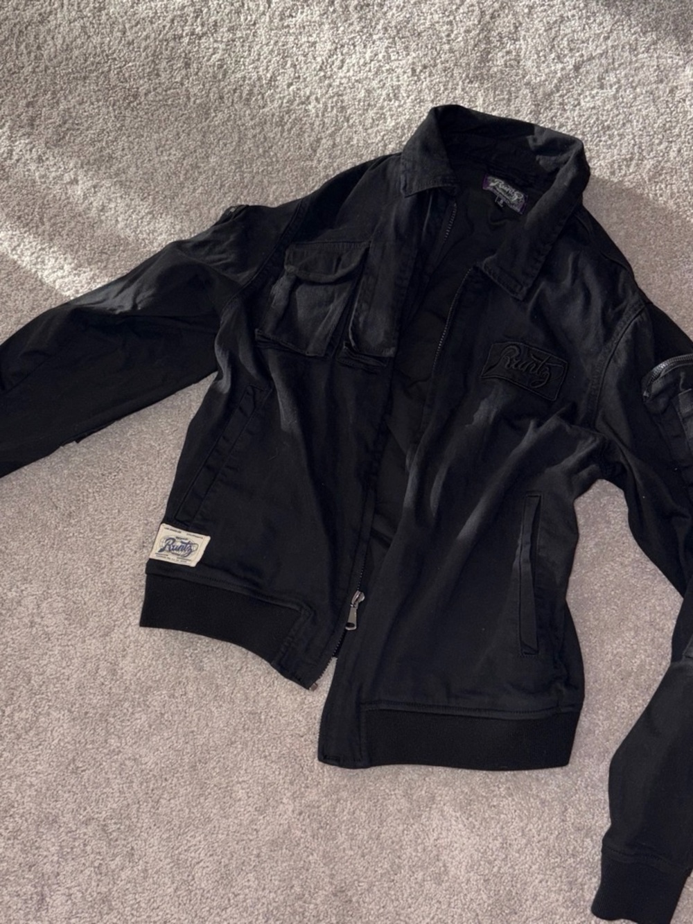 Rusty Black Bomber Jacket with Zip and Patch Detail